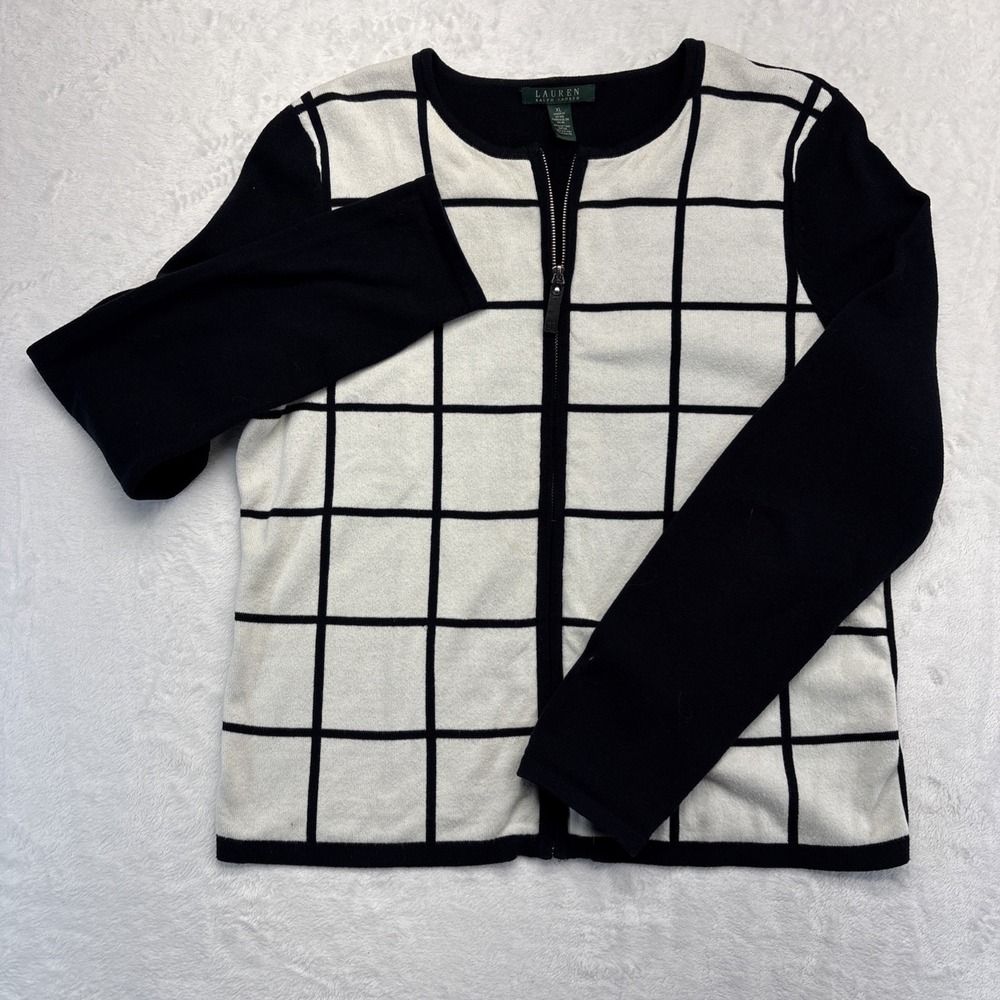 Lauren Ralph Lauren Sweater Womens XL White & Black Zip Front Cardigan